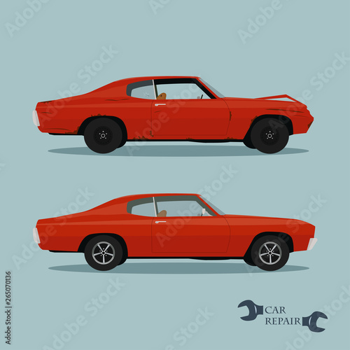 Classic car repair isolated. Vector illustration.