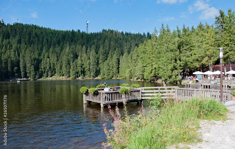 Obraz premium Black Forest in Bavaria, Germany. Untouched nature with mountains, forests and deep-sea lakes and enchanting countries. Mummelsee lake with mermaid statue.