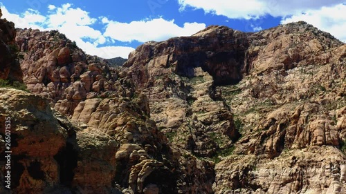 Aerial scenic view of rock formations at Red Rock Canyon National Conservation Area in Nevada, USA. Calica, touristic place with natural scenery near Las Vegas city.	 photo