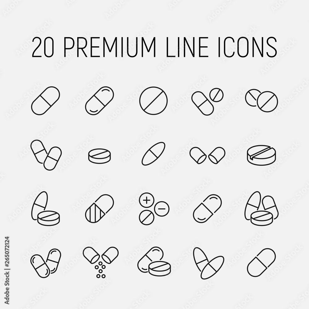 Premium set of pills line icons. - obrazy, fototapety, plakaty 