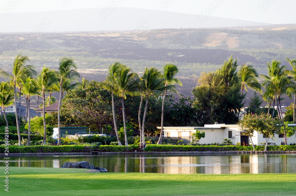 Fototapeta premium Golf field and lake near King plaza on Big Island