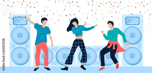 Party festive poster with people, loudspeakers and confetti. Flat style design.