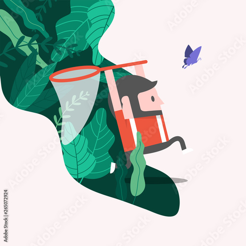 The man is running out of the forest to catch a butterfly with a net. Catching butterflies and leisure time concept.