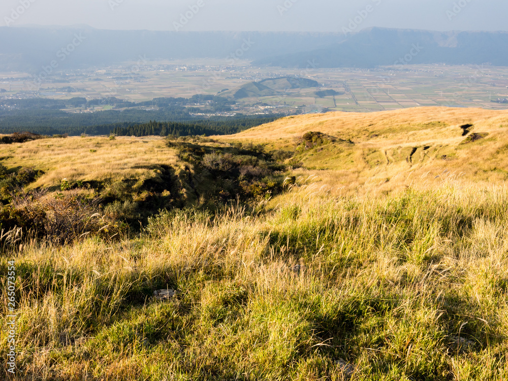 Panoramic view of Aso volcanic caldera from the mountain of central goup - Aso-Kuju National Park, Kumamoto prefecture, Japan Panoramic view of Aso volcanic caldera from the mountain of central goup - Aso-Kuju National Park, Kumamoto prefecture, Japan