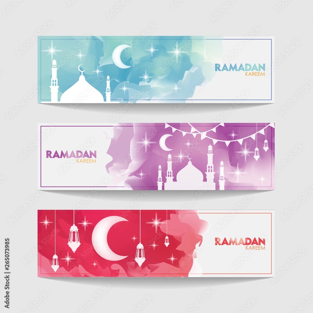 Ramadan Kareem Banner Set. Colorful Watercolor Cloud Ramadan Celebration Banner, Vector Illustration for greeting card, poster and voucher.