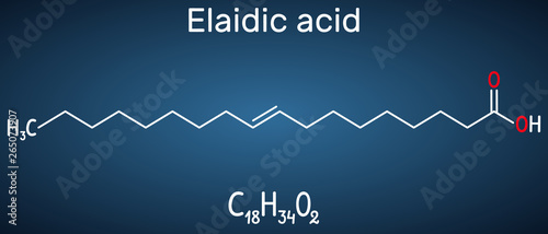 Elaidic acid molecule. Structural chemical formula and molecule model on the dark blue background