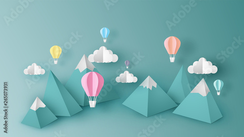 Design illustration of mountain view scene with hot air balloons float up in the sky on 3D paper art style. Hot air balloon float up in the sky. pastel paper cut and craft style. vector, illustration.