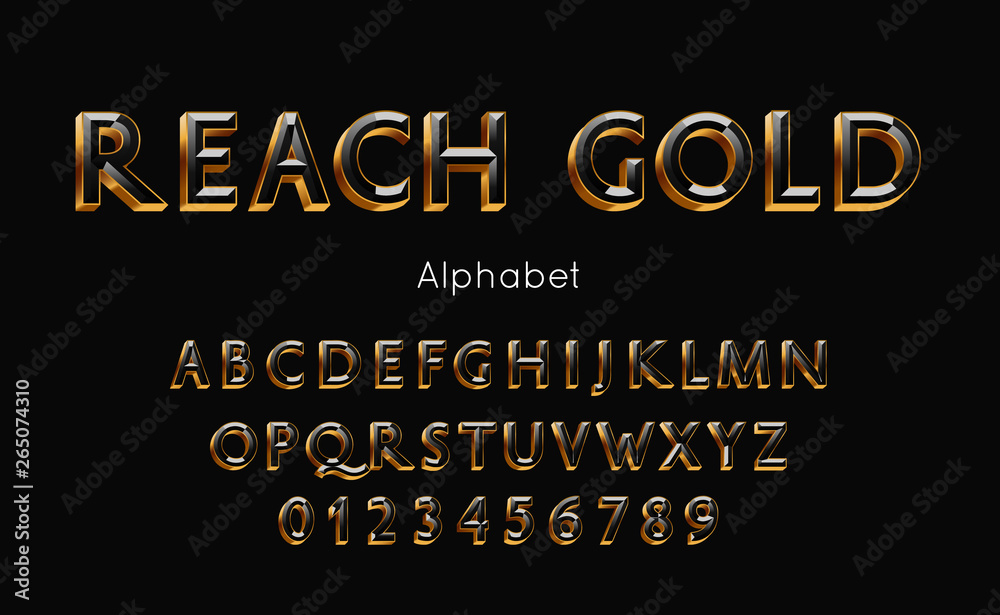 Plakat Reach Gold alphabet and font. Vector letters and numbers