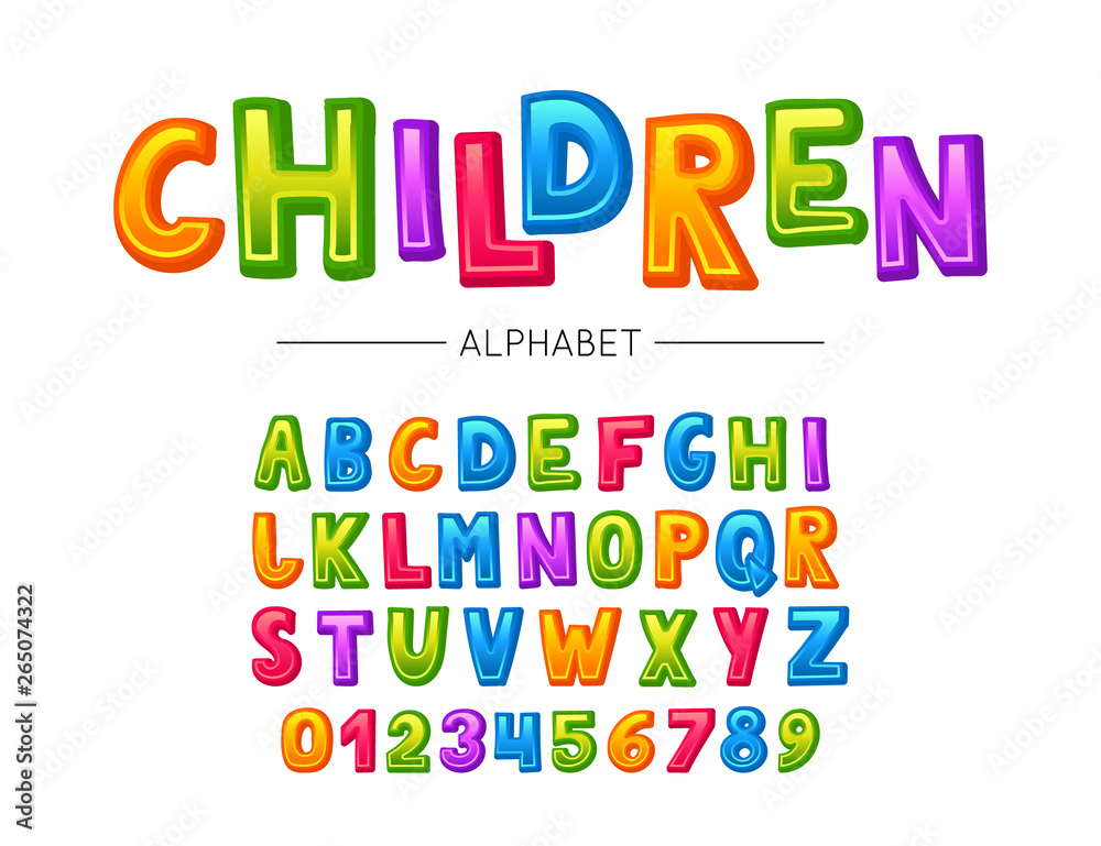 Children font. Vector colorful kids alphabet with letters and numbers