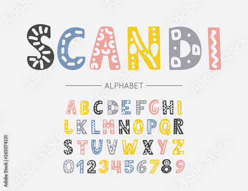 Scandinavian colorful font. Vector childish hand drawn alphabet. Hygge style letters, numbers and symbols. Happy day type family