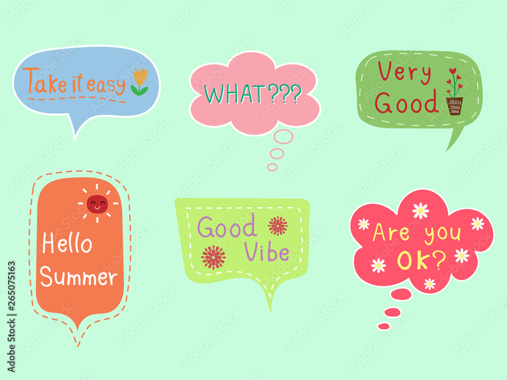 Colorful pastel speech bubble with text on blue isolated background. Sweet and cute vector art pattern for chat, message, template, sticker and other design in minimal trendy vintage retro concept. Colorful pastel speech bubble with text on blue isolated background. Sweet and cute vector art pattern for chat, message, template, sticker and other design in minimal trendy vintage retro concept.