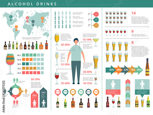 Drink infographic. Glass and alcohol drinks bottles business world info about drinking people vector template. Alcohol drink infographic, beer and whiskey illustration