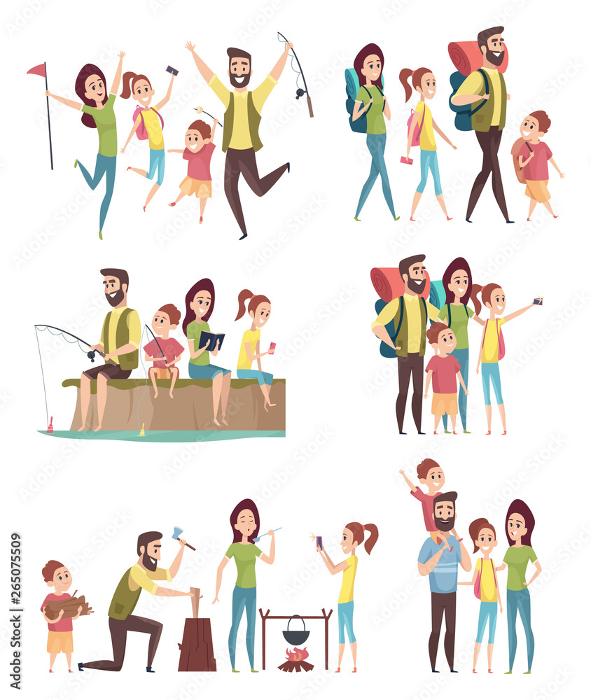 Family hiking. Couples with kids exploring travellers tourists happy adventure in mountains camping vector characters. Adventure tourism family, outdoor picnic and activity trekking illustration