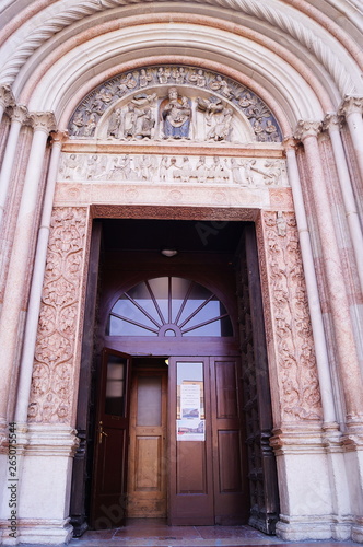 Entrance door of the baptistery of Parma, Italy