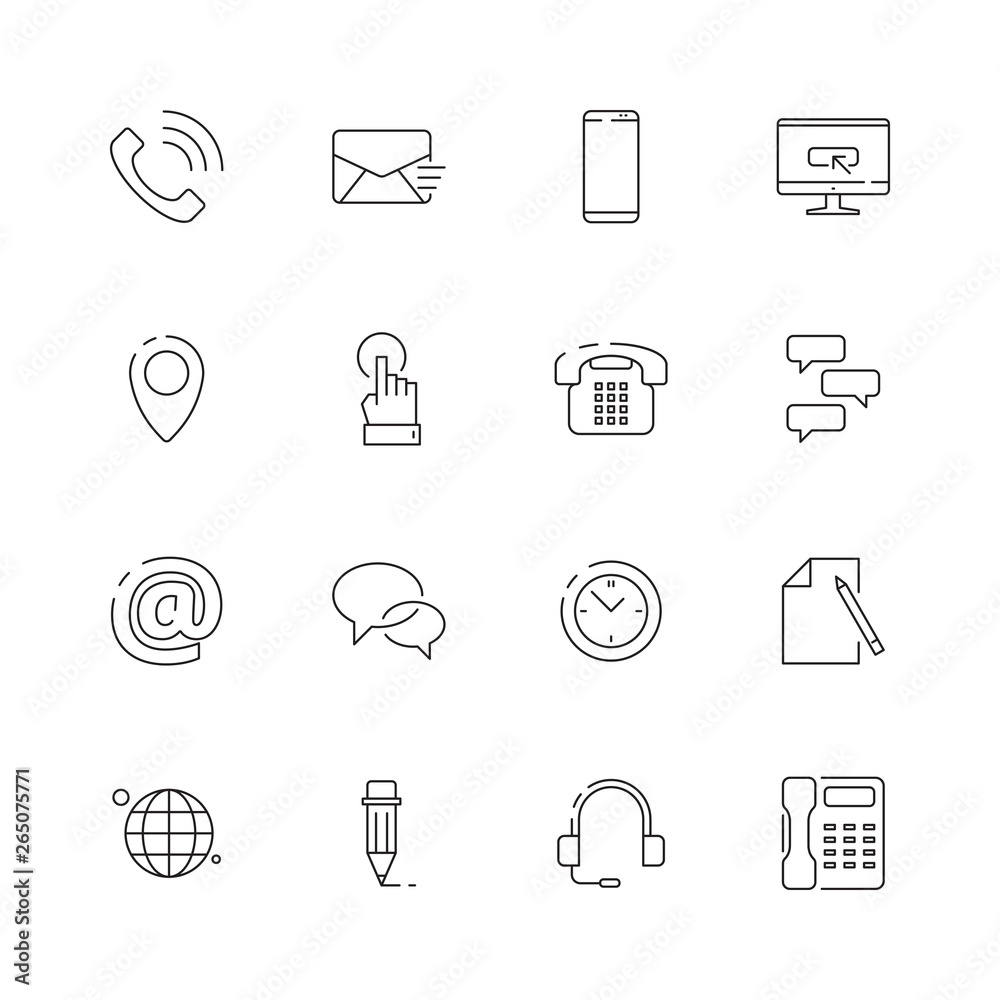Contact us icon. Internet website business symbols for contact or support page telephone envelope map vector thin line pictures. Mail and phone, location web and email illustration Contact us icon. Internet website business symbols for contact or support page telephone envelope map vector thin line pictures. Mail and phone, location web and email illustration