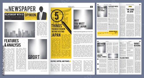Newspaper headline. Press layout template of newspaper cover and pages with articles vector design. Newspaper finance and breaking news, daily publication information illustration