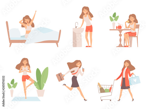 Woman daily routine. Business lady time management life every day process working mother vector cartoon characters. Illustration of daily routine, workday and yoga