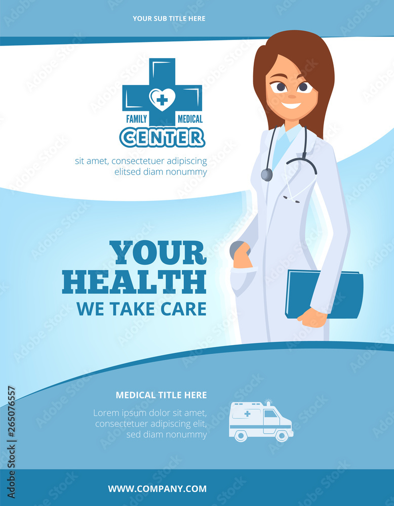 Advertising medical flyer. Brochure cover layout design with female doctor in cartoon style health poster or vector leaflet page. Illustration of doctor femalel, clinic poster Advertising medical flyer. Brochure cover layout design with female doctor in cartoon style health poster or vector leaflet page. Illustration of doctor femalel, clinic poster