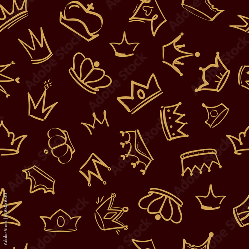 Crown pattern. Textile vector design of golden diadem king crowns vector premium luxury hand drawn seamless background. Diadem crown pattern, royal king texture illustration