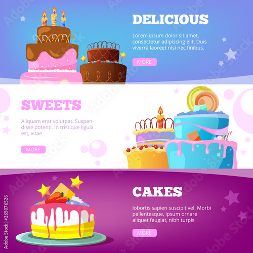 Cake banners. Birthday baking products with syrup chocolate vanilla wedding cakes vector cartoon illustrations. Chocolate cake, vanilla bakery with cream