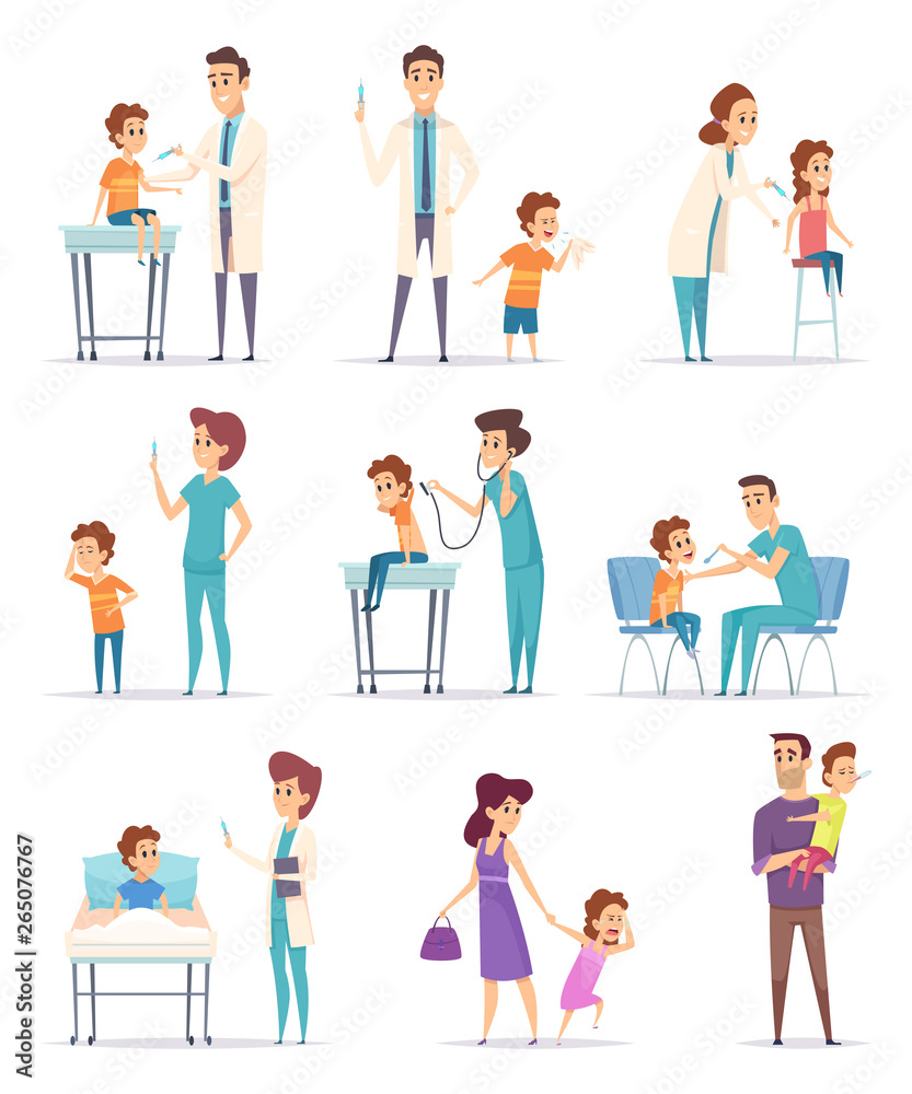 Vaccination. Childrens in hospital with doctor making injection girls and boys vector medical illustrations. Illustration of doctor shot injection vaccine