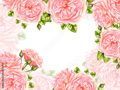 Floral frame with roses with space for text on white background. Watercolor and marker art. Romantic invitation. Wedding, marriage, bridal, birthday, Valentine's day.