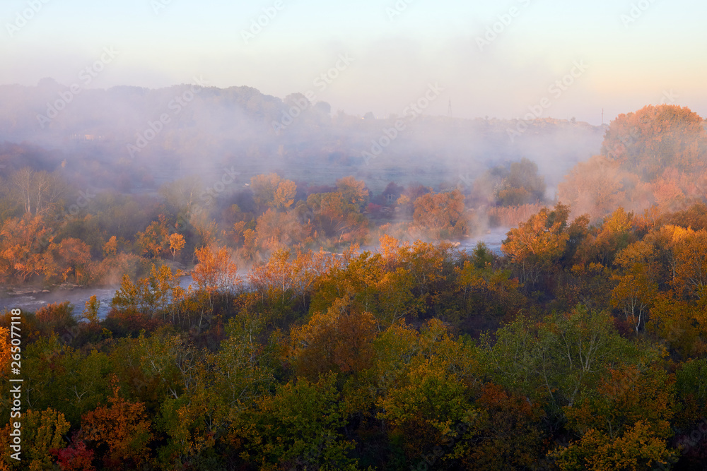 Mist over the river on autumn morning and forest on its bank with yellow colors of the leaves lit by the rising sun. A soft autumn morning, mist over the trees and cold and calm water Mist over the river on autumn morning and forest on its bank with yellow colors of the leaves lit by the rising sun. A soft autumn morning, mist over the trees and cold and calm water
