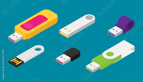 Isometric usb flash set vector icon for web design isolated on background