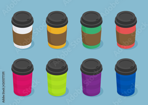 Coffee cups isometric vector icon for web design set