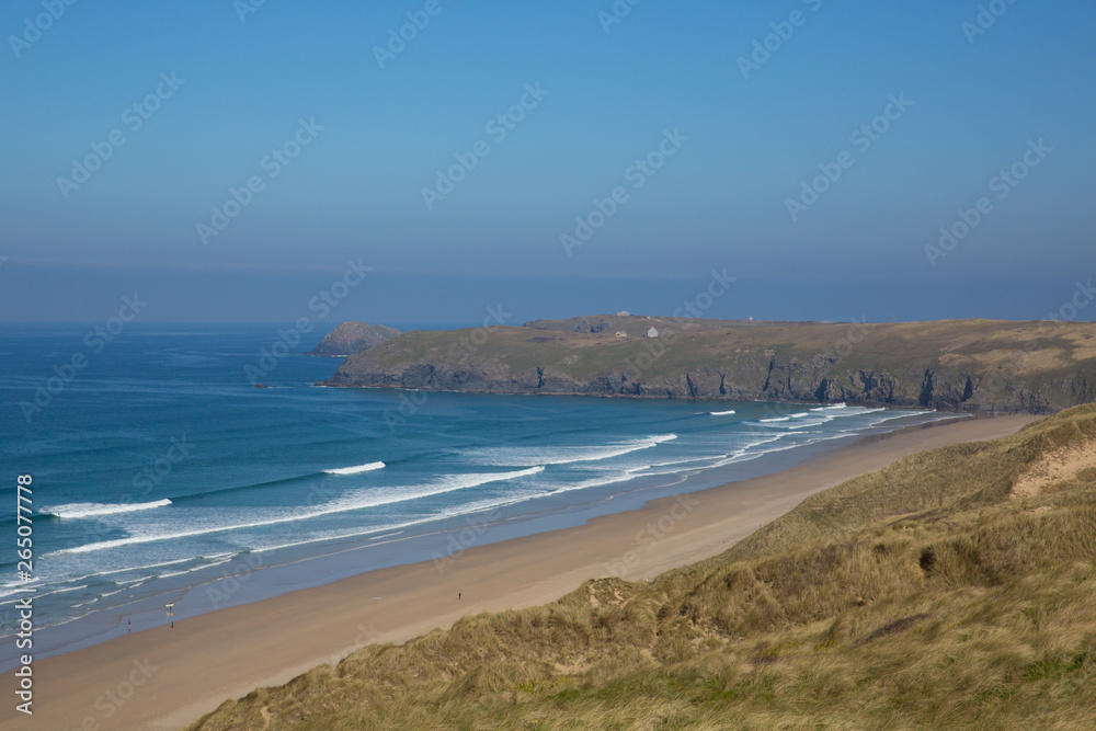 Penhale sands Perranporth North Cornwall England UK viewed from the coast path