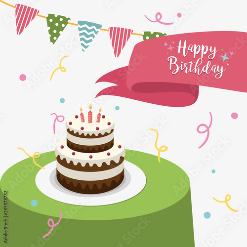 Happy birthday party greeting card with cake and candles