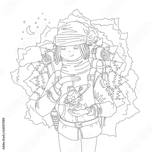 Cute hand draw coloring page with wanderer girl with backpack, dreaming about mountain travel, holding the Earth between hands. Girl, ready for magic travel, vector outline illustration, coloring page