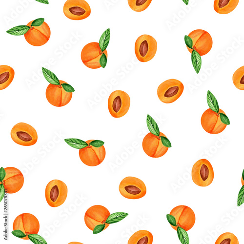 Watercolor seamless pattern of  fresh peaches on white background. Seamless pattern for printing on paper, textile, fabric.
