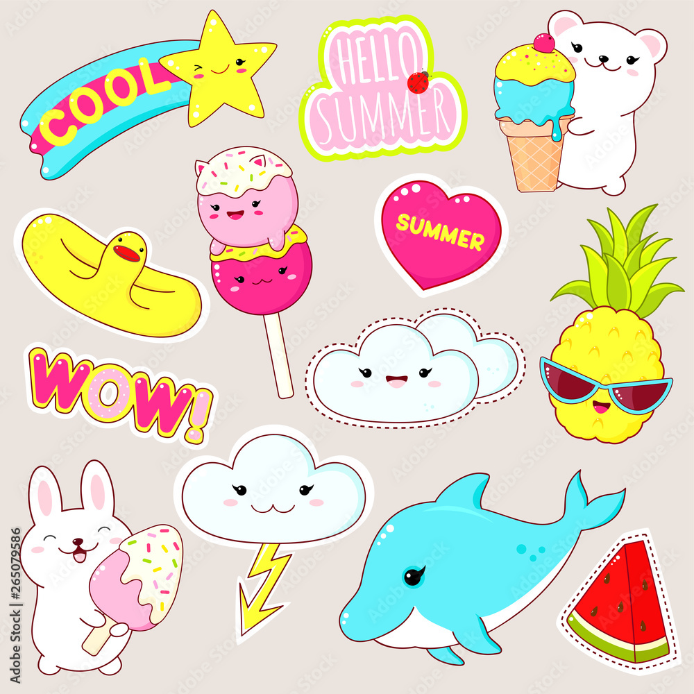 Set of cute summer stickers in kawaii style