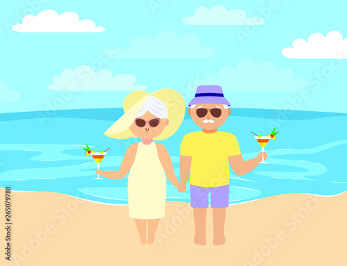 Grandparents on vacation. Elderly couple resting by the sea. Illustration in flat style.