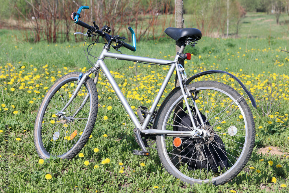 Bicycle stands in the spring glade. Next tourist backpack. Dandelions are blooming.