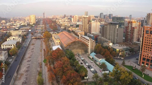 Aerial view of Santiago de Chile with Mapocho Station on the foreground