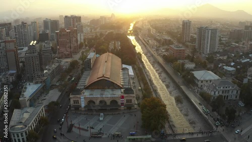 Aerial view of Santiago de Chile with Mapocho Station on the foreground