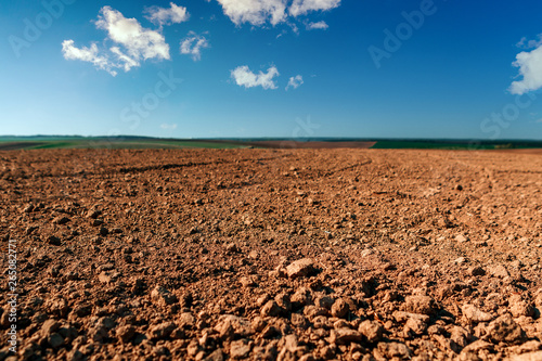 Ploughed field in spring prepared for sowing