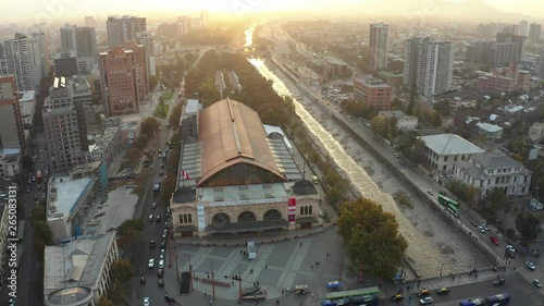 Aerial view of Santiago de Chile with Mapocho Station on the foreground