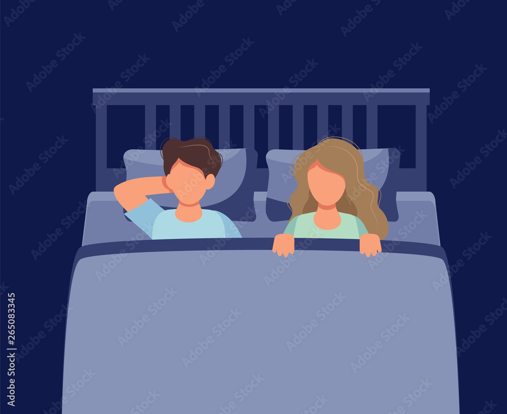 Couple laying in bed at night. Concept illustration for sleep, intimacy