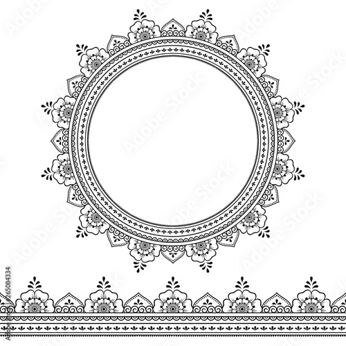 Set of seamless borders and circular ornament in form of frame for design, application of henna, Mehndi, tattoo and print. Decorative pattern in ethnic oriental style.