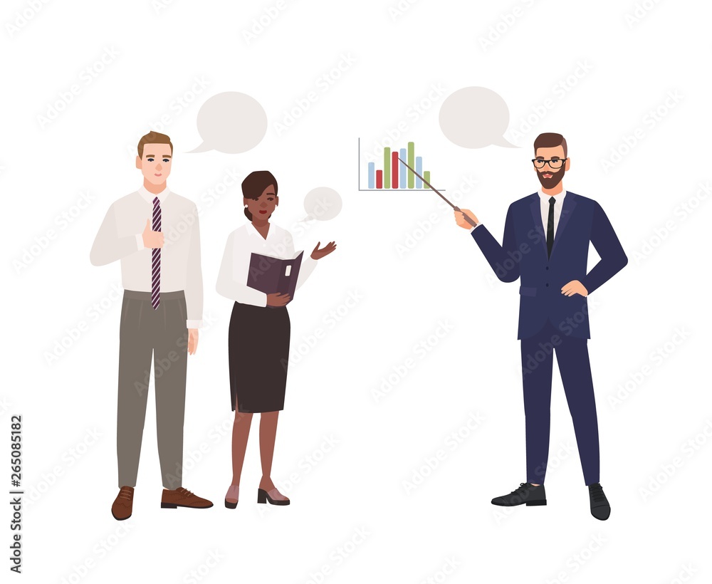 Bearded man in office suit making presentation in front of colleagues. Business meeting. Managers taking part in professional discussion, conversation or dialog. Flat cartoon vector illustration. Bearded man in office suit making presentation in front of colleagues. Business meeting. Managers taking part in professional discussion, conversation or dialog. Flat cartoon vector illustration.