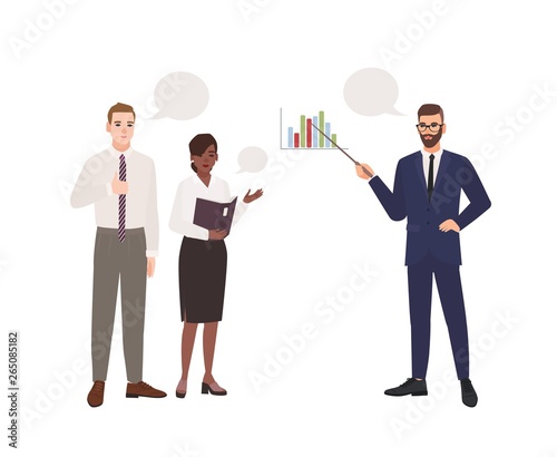 Bearded man in office suit making presentation in front of colleagues. Business meeting. Managers taking part in professional discussion, conversation or dialog. Flat cartoon vector illustration.
