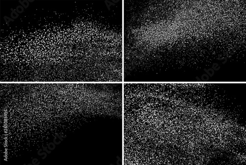 White Grainy Texture Isolated On Black Background. Dust Overlay. Light Coloured Noise Granules. Snow Vector Elements. Set Digitally Generated Image. Illustration, Eps 10.