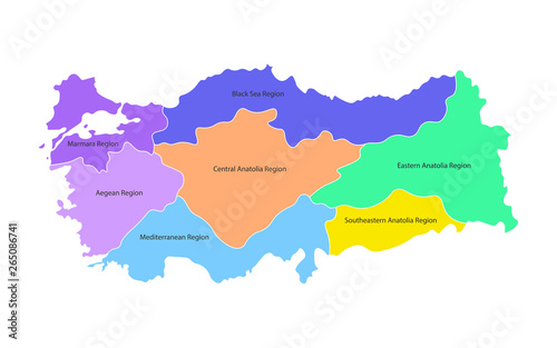Colorful vector isolated simplified map of Turkey regions. Borders and names of administrative divisions.