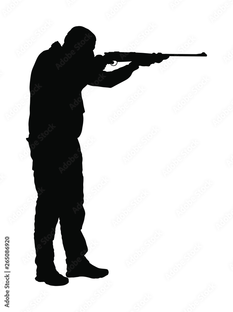 Aiming hunter with rifle vector silhouette illustration isolated on white background. Outdoor hobby hunting scene. Soldier with rifle on duty. Man shooter with shotgun defends property. Military skill Aiming hunter with rifle vector silhouette illustration isolated on white background. Outdoor hobby hunting scene. Soldier with rifle on duty. Man shooter with shotgun defends property. Military skill