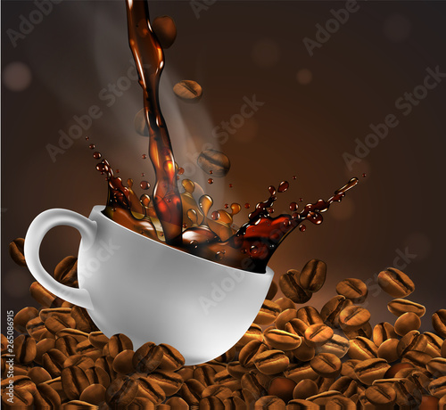 Cup of coffee with splash effect, coffee beans, transparent background.  3D vector. High detailed realistic illustration