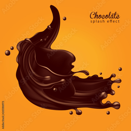 Background for advertising chocolate. A jet of liquid glossy chocolate with splashes on a yellow background. 3D vector. High detailed realistic illustration