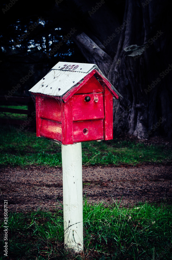 Red homemade mailbox on the roadside Red homemade mailbox on the roadside